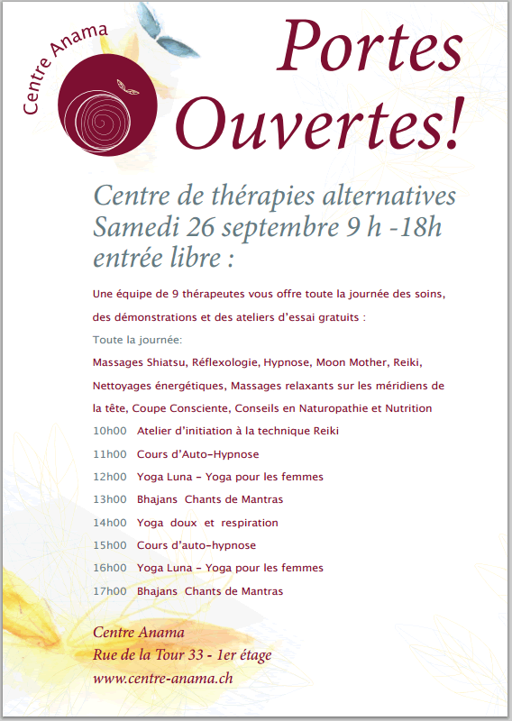 L'Affiche de la journée Portes Ouvertes du Centre de Soins et de Thérapies alternatives à Lausanne le samedi 26 septembre 2015 de 9 h à 18 h
