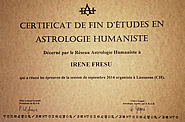 Certificat de fin d'études en Astrologie Humaniste décerné par le Réseau Astrologie Humaniste à Irène Fresu qui a réussi les épreuves de la session de septembre 2014 organisée à Lausanne, Suisse