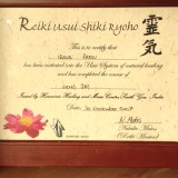 Certificat de Reiki usui shiki Ryoho décerné à Irène Fresu en 2007