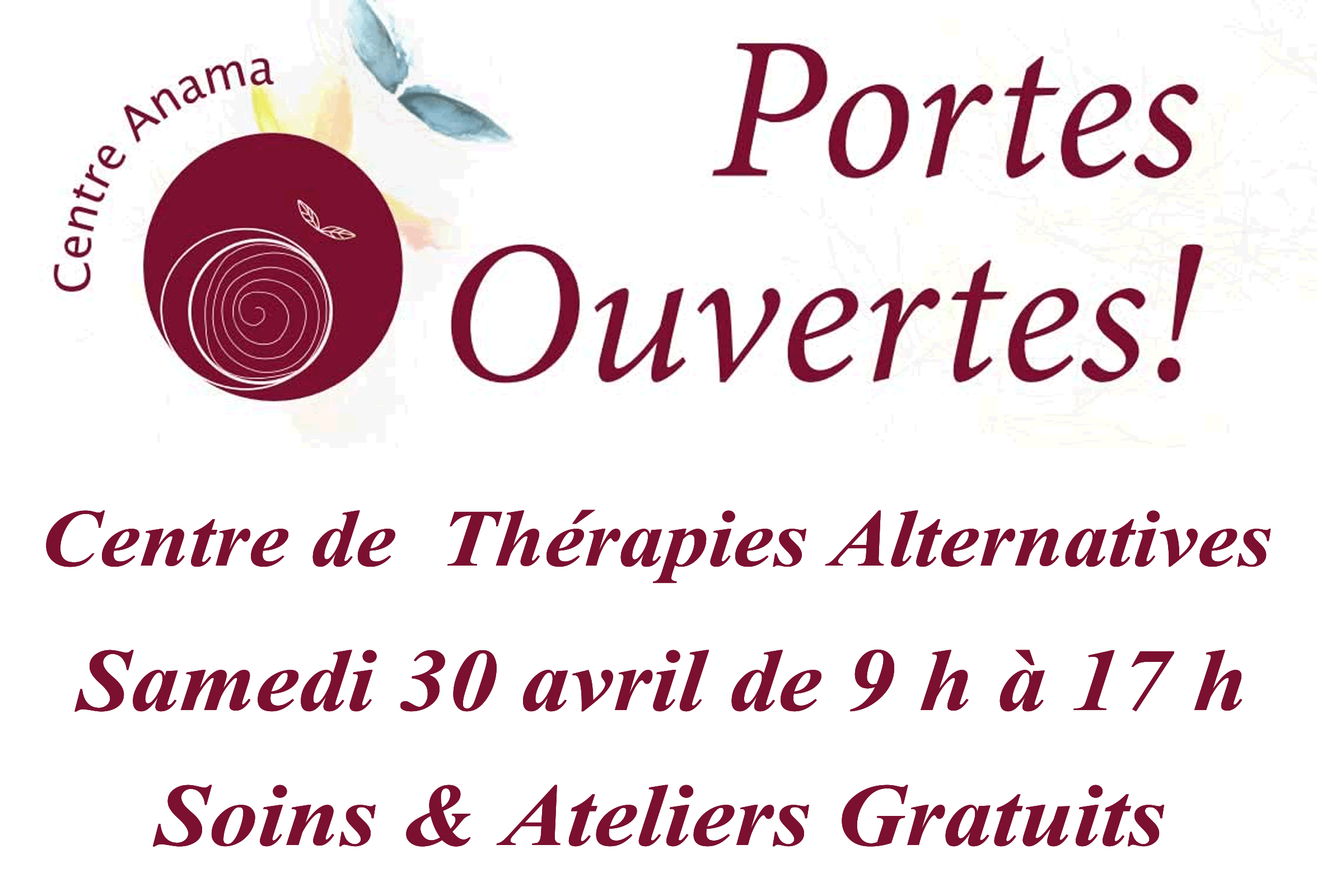 Soins gratuits et Ateliers à l'occasion des Portes Ouvertes du Centre de thérapies alternatives le 30 avril 2016 à Lausanne