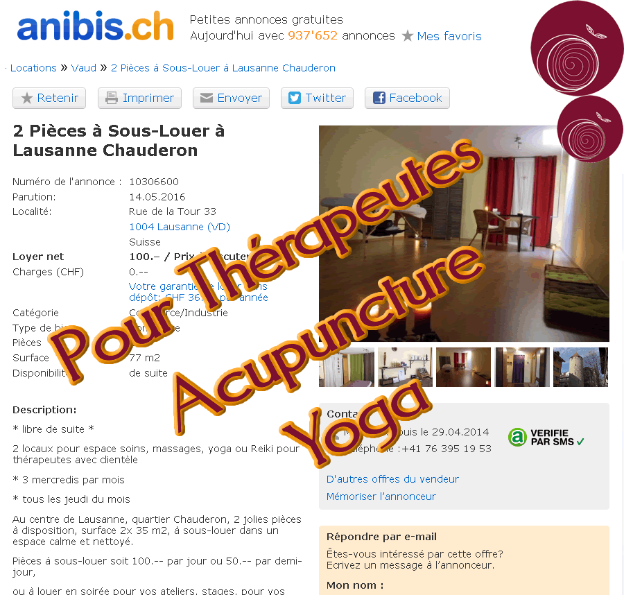 Sous location locaux à Lausanne pour thérapeutes , stages et ateliers et conférences : annonce anibis